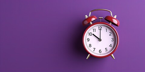 alarm clock on violet  background Minimalistic flat lay,with copy space for photo text or product, blank empty copyspace banner about time management and selfamplement concept. 