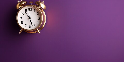 alarm clock on violet  background Minimalistic flat lay,with copy space for photo text or product, blank empty copyspace banner about time management and selfamplement concept.  - obrazy, fototapety, plakaty