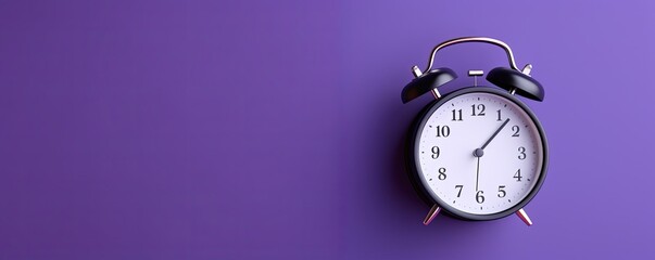 alarm clock on violet  background Minimalistic flat lay,with copy space for photo text or product, blank empty copyspace banner about time management and selfamplement concept. 