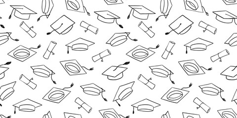 Seamless pattern with graduate hat and diploma scroll . Hand drawn university caps repeat backdrop. Academic hat line background - obrazy, fototapety, plakaty