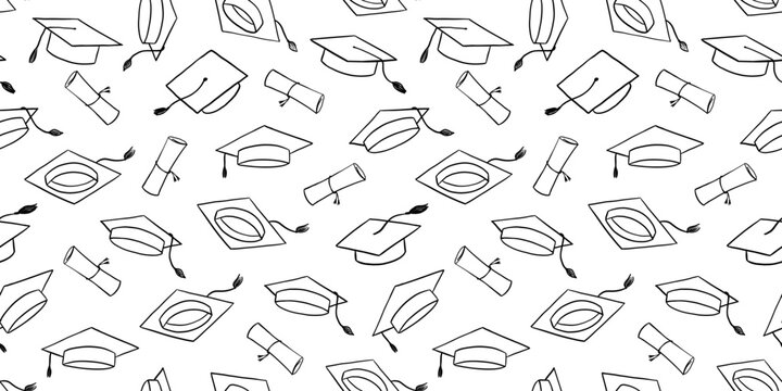 Seamless pattern with graduate hat and diploma scroll . Hand drawn university caps repeat backdrop. Academic hat line background