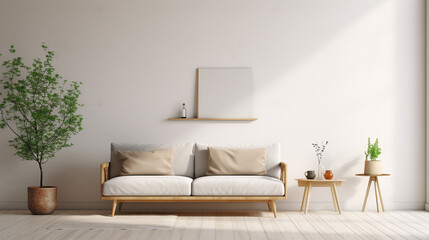A minimalist Scandinavian interior showcasing a stylish sofa and modern coffee table, with an empty wall presenting a blank canvas for personalized artwork or decorations.