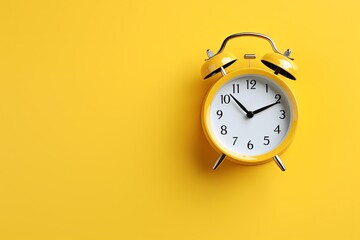 alarm clock on Yellow background Minimalistic flat lay,with copy space for photo text or product, blank empty copyspace banner about time management and selfamplement concept.  - obrazy, fototapety, plakaty