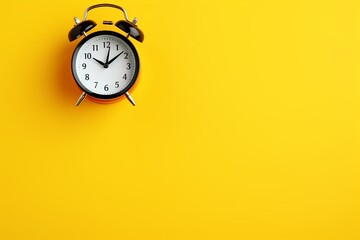 alarm clock on Yellow background Minimalistic flat lay,with copy space for photo text or product, blank empty copyspace banner about time management and selfamplement concept. 
