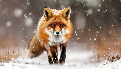 Fototapeta premium Beautiful red fox in snow landscape. Generative ai design concept.