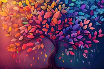 Colorful tree with leaves on hanging branches illustration background. 3d abstraction wallpaper for interior mural wall art decor. Floral tree with multicolor, Generative AI