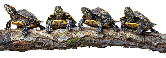 Four diamondback terrapin turtles sitting on a piece of wood, isolated on a transparent background