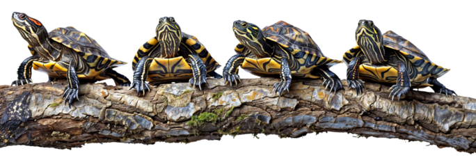 Four diamondback terrapin turtles sitting on a piece of wood, isolated on a transparent background