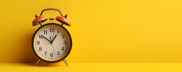 alarm clock on Yellow background Minimalistic flat lay,with copy space for photo text or product, blank empty copyspace banner about time management and selfamplement concept.  - obrazy, fototapety, plakaty