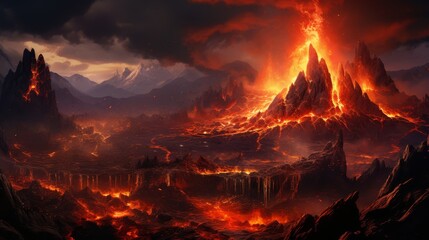 High-altitude capture of a roaring volcanic eruption, with rivers of lava descending the slopes - obrazy, fototapety, plakaty