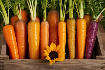 Variety of fresh carrots in a wooden crate