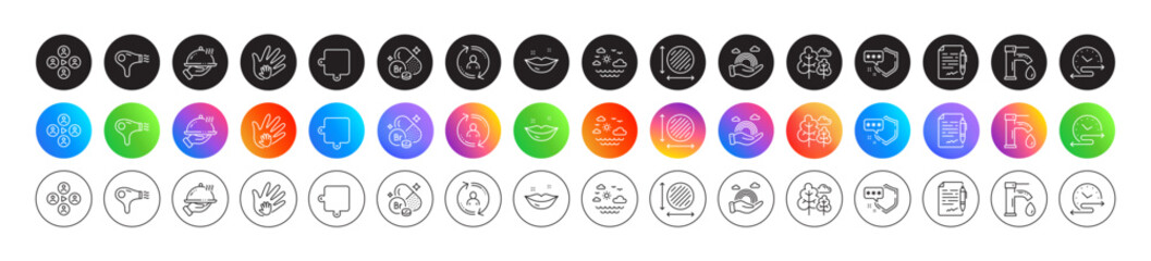 Puzzle, Time schedule and Lgbt line icons. Round icon gradient buttons. Pack of Tap water, Video conference, Circle area icon. Shield, Agreement document, Hair dryer pictogram. Vector - obrazy, fototapety, plakaty