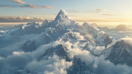 A breathtaking vista of snow-capped peaks piercing the clouds, with rugged cliffs and alpine meadows below, bathed in the soft light of dawn breaking over the horizon.