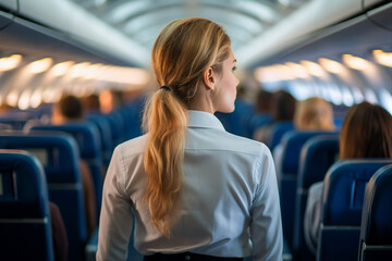 Picture created with generative AI of person wearing airline cabin crew uniform in commercial airplane