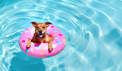 Happy dog  swimming inside donut shaped pink inflatable pool ring, looking at camera, relaxing summer vibes