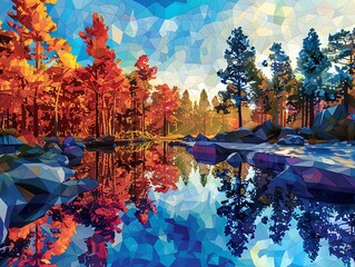 A beautiful painting of a forest with a river running through it - obrazy, fototapety, plakaty