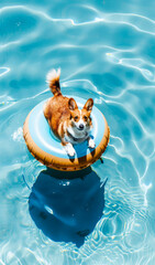 Cute corgi dog floating on an inflatable pool ring in turquoise water with shimmering light, looking up at camera. Enjoying summer.
