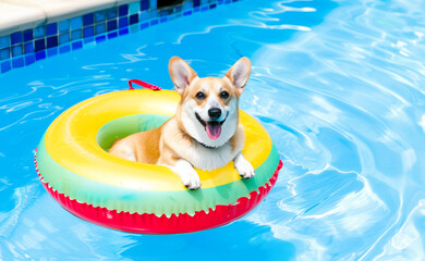 Funny and happy corgi dog enjoying summer while floating in a colourful inflatable pool ring, looking at camera.