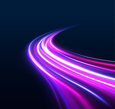 Neon color glowing lines background, high-speed light trails effect. Modern abstract high-speed light motion effect on black background. Light motion effect, slow shutter of traffic.	