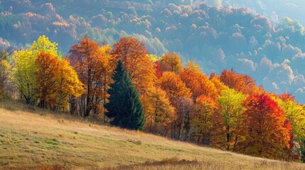 Vibrant trees on a hillside in the autumn morning of the Carpathian Mountains