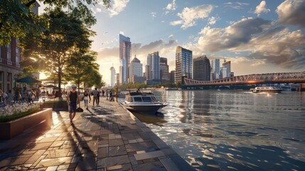 A bustling city riverfront with historic bridges, waterfront promenades, and boats gliding along the water, where people gather to stroll, relax, and take in the scenic views of the urban skyline.