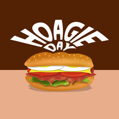 National Hoagie Day event banner. Sandwich containing eggs, cheese, ham, tomatoes and vegetables on a dark brown background to celebrate on May 5th