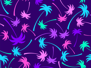 Fototapeta na wymiar Colorful palm trees seamless pattern. Summer time, wallpaper with tropical palm trees on purple background. Design for printing t-shirts, banners and promotional items. Vector illustration