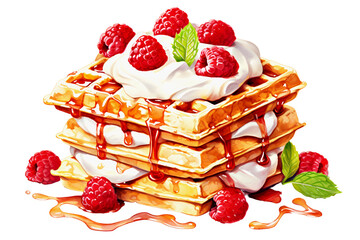 Stack of delicious waffles with whipped cream, honey and raspberry on white background. Healthy and hearty breakfast. Watercolor illustration. Isolated