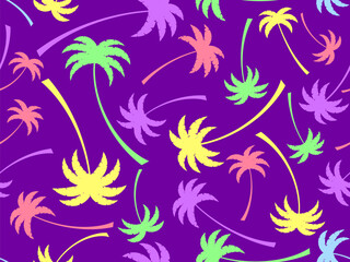 Fototapeta na wymiar Colorful palm trees seamless pattern. Summer time, wallpaper with tropical palm trees on purple background. Design for printing t-shirts, banners and promotional items. Vector illustration