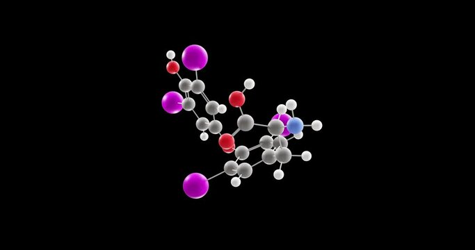 Levothyroxine molecule, rotating 3D model of thyroxine t4, looped video on a black background