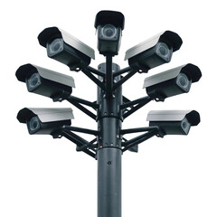 Surveillance cameras mounted on pole isolated on white background