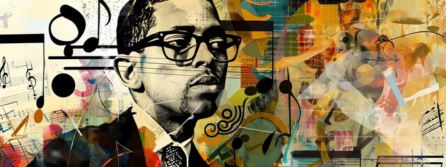 Artistic collage with abstract elements and portrait of a man with glasses