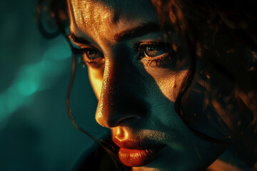 Portrait of beautiful young femme fatale woman in cinematic film noir style generative AI
