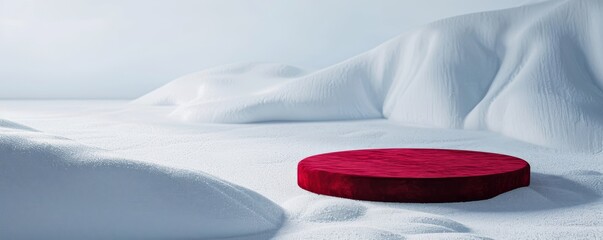 Stunning minimalist snowy landscape with a vivid red round platform