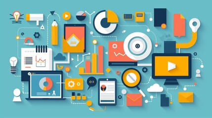 A Digital Marketing Technology Icons On A Colorful Background.