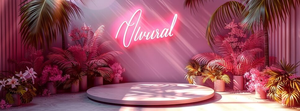 Neon glow flural sign above a minimalist stage surrounded by tropical plants