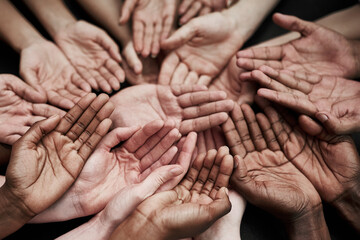 Diversity, together and group of hands for unity, collaboration or support in society or community....