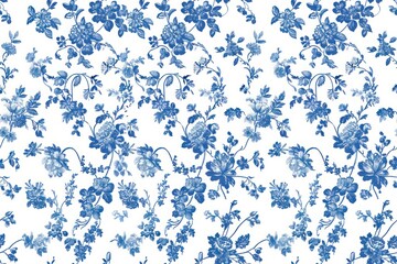 Traditional blue floral motifs on a white canvas, ideal for chic interior decorations..Vintage French Blue Floral digital paper, white background, seamless Pattern