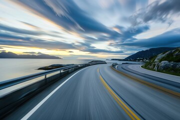 Naklejka premium Road along the coast with a fast-moving sky, capturing the essence of travel and freedom., highway along the ocean