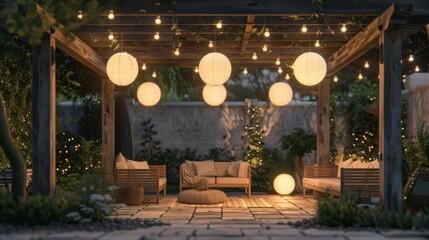 Blank mockup of a charming patio with whimsical paper lanterns hanging from above. . - obrazy, fototapety, plakaty