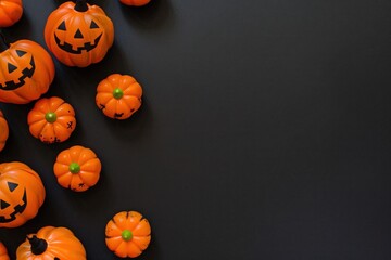 Halloween scene with pumpkins and bat decorations on a black background, suited for holiday designs