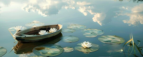 Tranquil pond scene with a wooden boat and lily pads reflecting in calm water