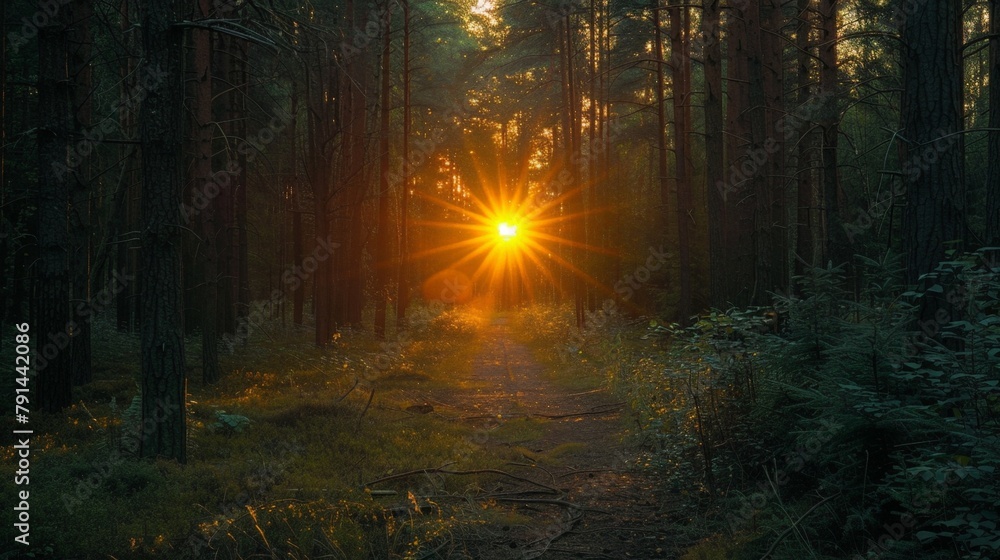 Poster sunlight filters through forest trees onto path