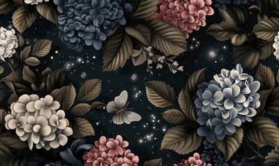 Floral vintage background, dark seamless pattern. Hand-drawn 3d illustration. Garden flowers, hydrangea, gypsophila, leaves, fireflies, magic blooming, Generative AI