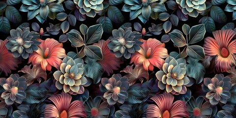 fantasy seamless pattern with vintage exotic tropical flowers, hibiscus, protea, plumeria, cactus, leaves. 3d illustration. Magic abstract background. Luxury design for wallpaper, mural, Generative AI