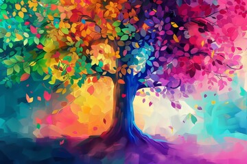 Colorful Tree Image ,Elegant colorful tree with vibrant leaves hanging branches illustration. Bright color 3d abstraction wallpaper for interior mural, Generative AI