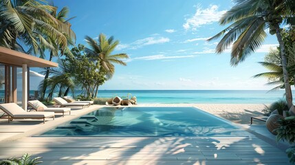 A luxurious beachfront scene featuring sunbathing decks and a private swimming pool with palm trees close to the beach, providing a panoramic sea view from a luxurious house. This is a 3D rendering - obrazy, fototapety, plakaty