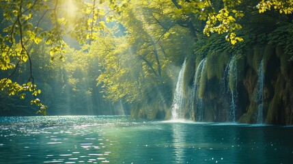A majestic scene at Plitvice Lakes National Park in Croatia, showcasing turquoise waters and sunny beams, presented with a retro filter and vintage style for an Instagram-worthy effect