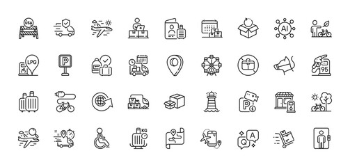 Filling station, Delivery calendar and Parking line icons pack. AI, Question and Answer, Map pin icons. Lighthouse, Electric bike, Map web icon. Vector