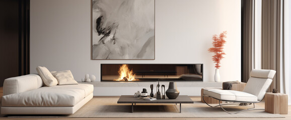 A minimalist living room with low-slung furniture and abstract artwork, centered around a modern fireplace.